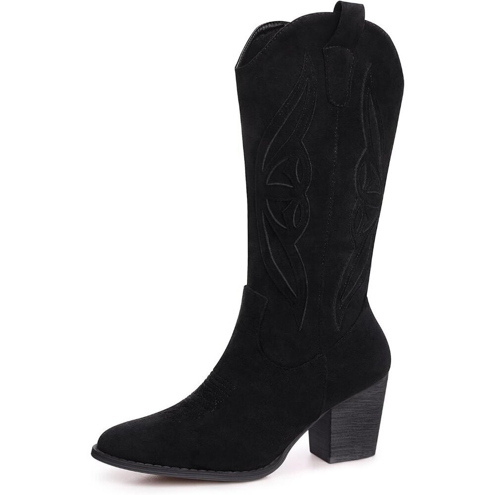 Women 1828-black Suede leather Embroidered Country Heel Pointed Toe Booties - Picture 1 of 6